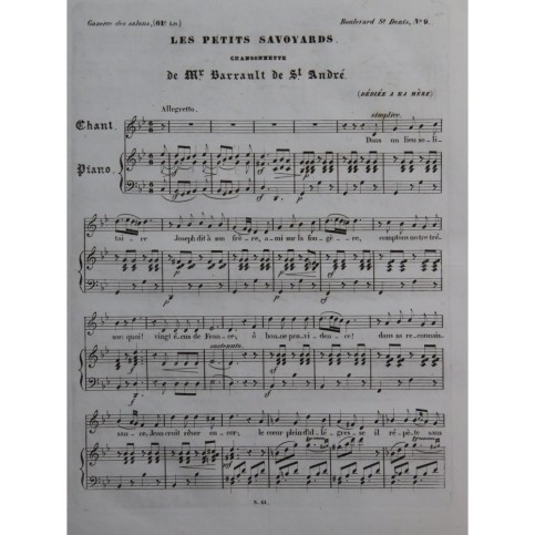 BARRAULT de St ANDRÉ Les Petits Savoyards Chant Piano ca1840