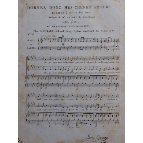 DE BEAUPLAN Amédée Dormez donc mes chères amours Chant Piano ou Harpe ca1820