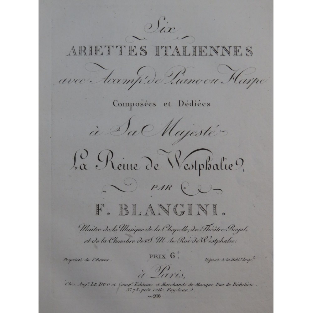 BLANGINI Félix Ariettes Italiennes Chant Piano ou Harpe ca1810