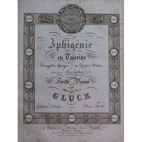 GLUCK C. W. Iphigénie en Tauride Opéra Piano Chant ca1825