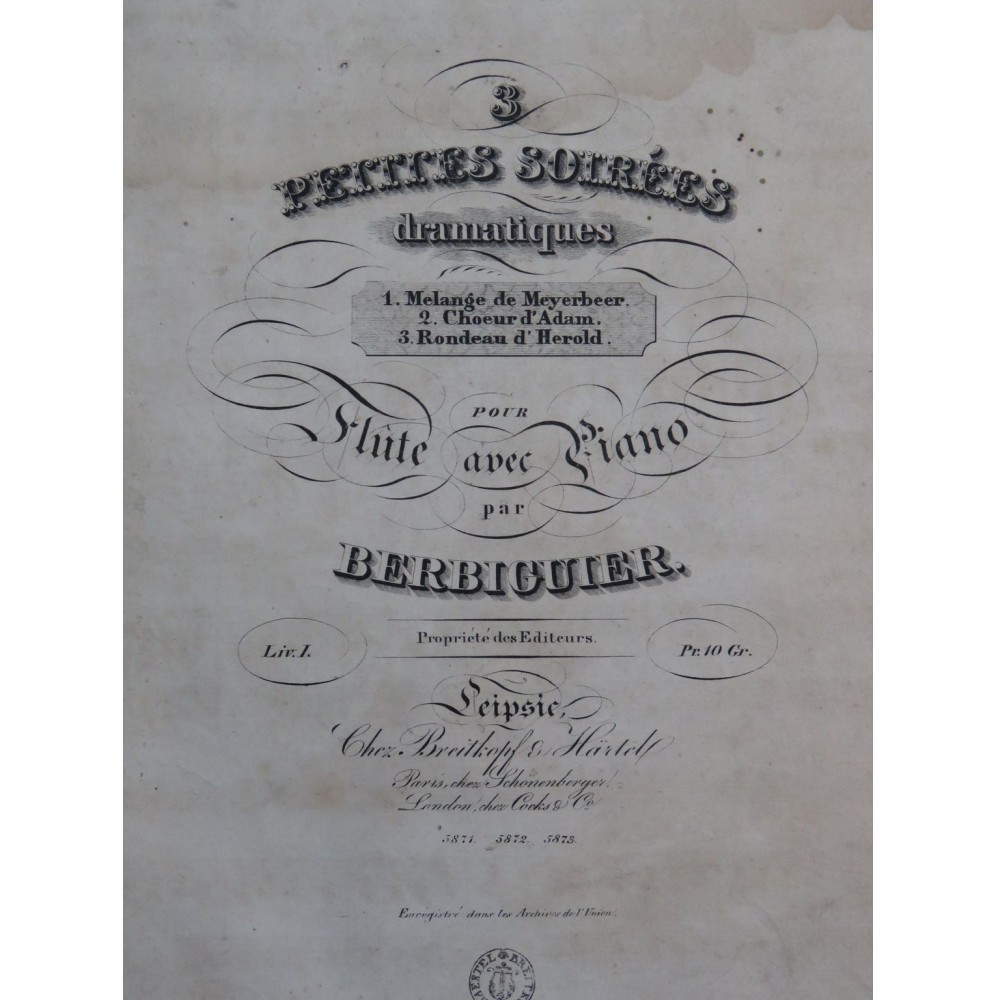 BERBIGUIER Tranquille Mélange de Meyerbeer Piano Flûte ca1838