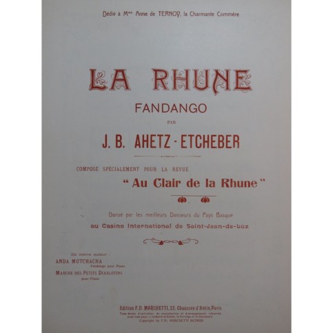 AHETZ-ETCHEBER J. B. La Rhune Fandango Piano 1913