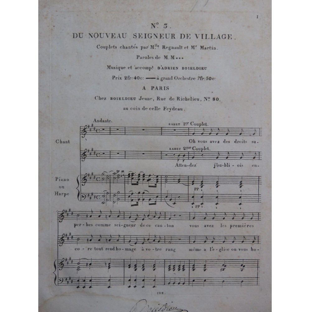 BOIELDIEU Adrien Le Nouveau Seigneur de Village No 3 Chant Piano ou Harpe ca1815