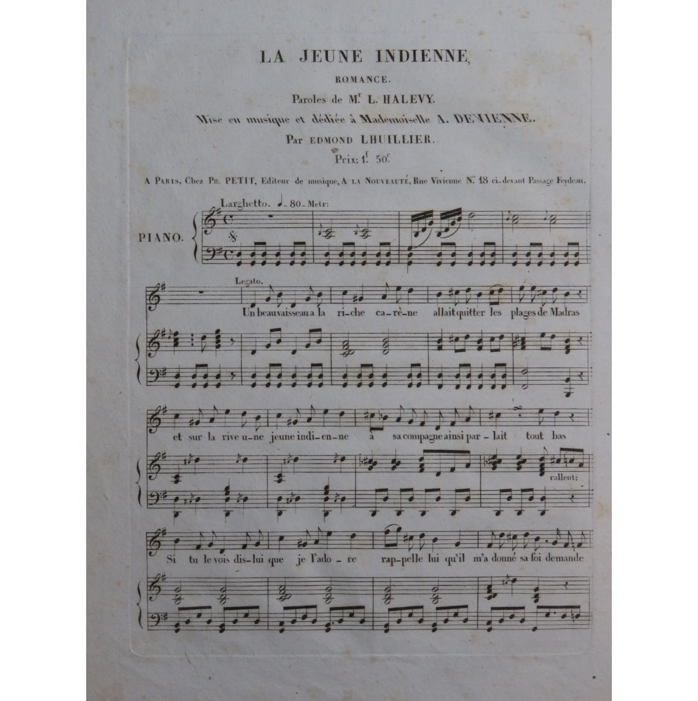 LHUILLIER Edmond La Jeune Indienne Chant Piano ca1820