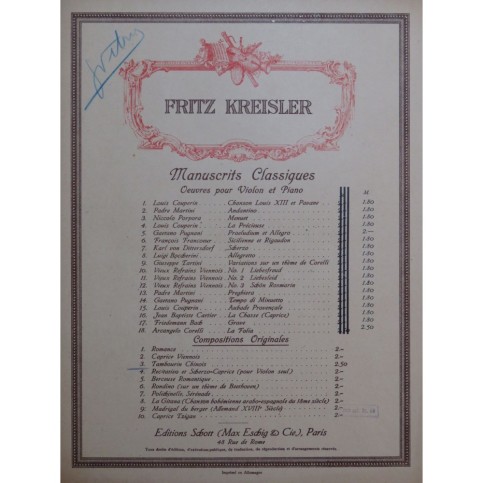 KREISLER Fritz Tambourin Chinois Violon Piano 1910